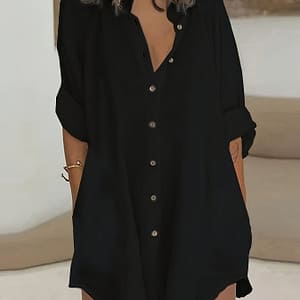 Solid Color Button Front Blouse, Versatile Long Sleeve Midi Simple Blouse For Spring & Fall, Women’s Clothing Blouses Shop Online at Dubai Trades