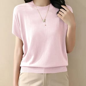 Solid Color Crew Neck Pullover Sweater, Casual Short Sleeve Ribbed Knitted Sweater For , Women’s Clothing Clothing Shop Online at Dubai Trades