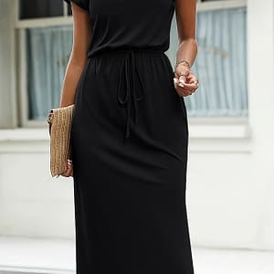 Solid Color Drawstring Waist Dress, Vacation Short Sleeve Split Midi Dress For , Women’s Clothing Clothing Shop Online at Dubai Trades
