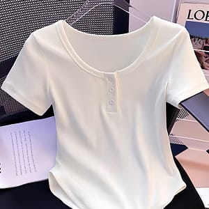 Solid Color Henley Neck T-shirt, Casual Short Sleeve Button Front Top For , Women’s Clothing Clothing Shop Online at Dubai Trades