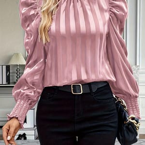 Solid Color Mock Neck Blouse, Elegant Puff Sleeve Top For Spring & Fall, Women’s Clothing Blouses Shop Online at Dubai Trades
