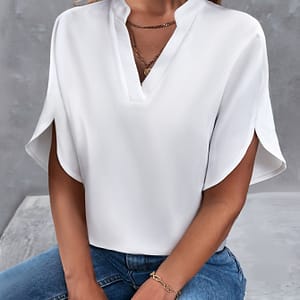Solid Color Notch Neck Blouse, Casual Short Split Sleeve Blouse For , Women’s Clothing Blouses Shop Online at Dubai Trades