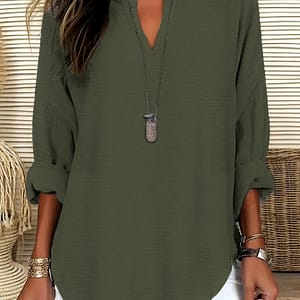 Solid Color Notched Neck Blouse, Casual Long Sleeve Curved Hem Top For Spring & Fall, Women’s Clothing Blouses Shop Online at Dubai Trades 2
