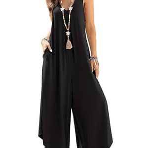 Solid Color Pocket Jumpsuit, Casual V Neck Wide Leg Jumpsuit For , Women’s Clothing Clothing Shop Online at Dubai Trades 2