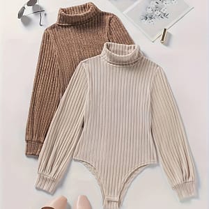 Solid Color Ribbed Bodysuit 2 Pack, Casual Turtle Neck Long Sleeve Bodysuit, Women’s Clothing Bodysuits Shop Online at Dubai Trades