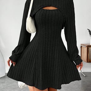 Solid Color Ribbed Dress Set, Long Sleeve Hoodie Shrug Top & Sleeveless Square Neck A-line Dress Outfits, Women’s Clothing Clothing Shop Online at Dubai Trades
