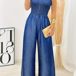 Solid Color Ruched Trim Button Decor Jumpsuit, Casual Sleeveless Shirred Wide Leg Jumpsuit For , Women’s Clothing Clothing Shop Online at Dubai Trades
