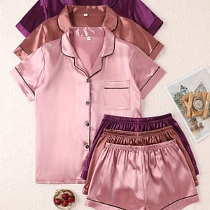 Solid Color Satin Pajamas, Multi-set Combination Package. Comfortable Button Short-sleeve Top And Comfortable Shorts Pajama Set. Women’s Pajamas And Casual Wear Clothing Shop Online at Dubai Trades