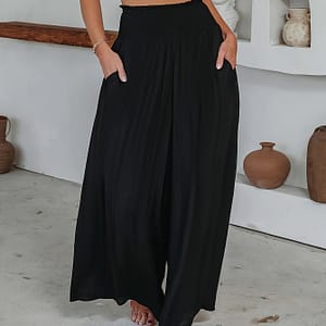 Solid Color Slant Pockets Pants, Casual Shirred Loose Wide Leg Pants For , Women’s Clothing Clothing Shop Online at Dubai Trades