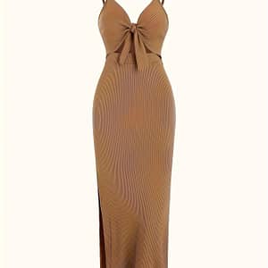 Solid Color Spaghetti Strap Dress, Elegant Sleeveless Tie Front Backless Ribbed Slim Split Hollow Out Dress For , Women’s Clothing Clothing Shop Online at Dubai Trades