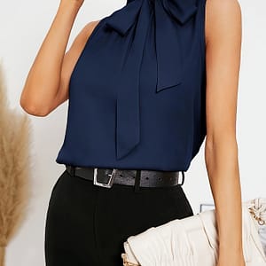 Solid Color Stand Neck Blouse, Elegant Bow Front Sleeveless Blouse For Summer, Women’s Clothing Blouses Shop Online at Dubai Trades