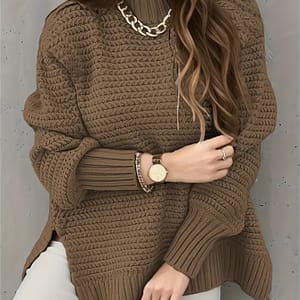 Solid Color Stand Neck Pullover Sweater, Elegant Side Split Long Sleeve Knitted Sweater For Fall & Winter, Women’s Clothing Clothing Shop Online at Dubai Trades
