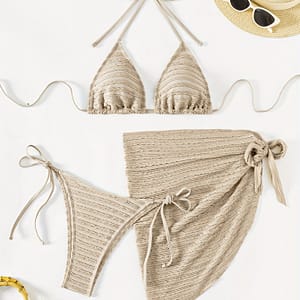 Solid Color Triangle Cup Suspender Low Waist Pants With Side Tie Blouse With Side Knot Special Fabric 3 Piece Bikini Set Bikinis Shop Online at Dubai Trades