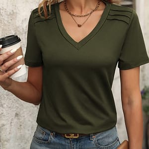 Solid Color V Neck T-shirt, Casual Short Sleeve T-shirt For , Women’s Clothing Clothing Shop Online at Dubai Trades