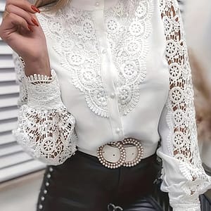Solid Contrast Lace Blouse, Elegant Collar Long Sleeve Blouse, Women’s Clothing Blouses Shop Online at Dubai Trades