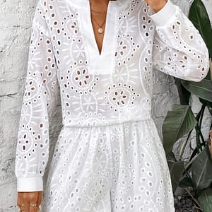 Solid Eyelet Elegant Shorts Set, Long Sleeve Notched Neck Blouse & High Waist Loose Shorts Outfits, Women’s Clothing Clothing Shop Online at Dubai Trades