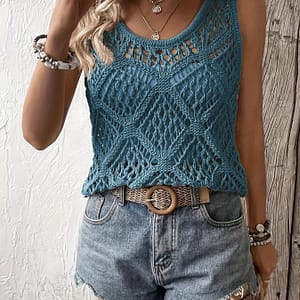 Solid Hollow Out Crew Neck Top, Versatile Sleeveless Loose Knitted Top For , Women’s Clothing Clothing Shop Online at Dubai Trades