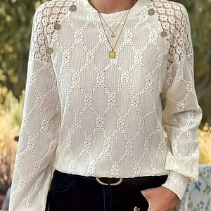 Solid Lace Stitching Eyelet Top, Elegant Lantern Sleeve Crew Neck Top, Women’s Clothing Clothing Shop Online at Dubai Trades