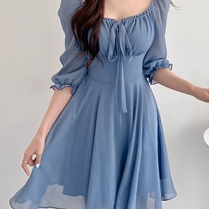 Solid Neck Dress, Elegant Short Sleeve Tie Waist A-line Flowy Dress For , Women’s Clothing Clothing Shop Online at Dubai Trades