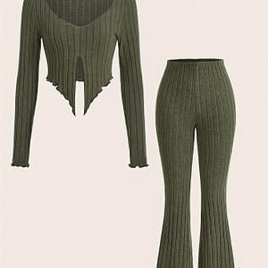 Solid Ribbed Casual Pants Set, Long Sleeve Scoop Neck Split Front Slim T-shirt & Flared Leg Pants Outfits, Women’s Clothing Clothing Shop Online at Dubai Trades