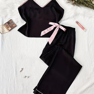Solid Satin Binding Pajama Set, Casual V Neck Backless Cami Top & Bow Pants, Women’s Sleepwear Clothing Shop Online at Dubai Trades