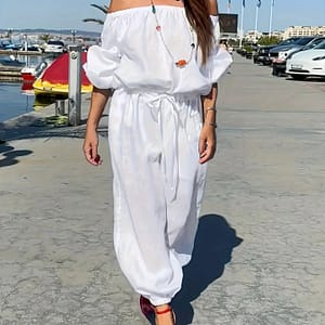 Solid Shoulder Jumpsuit, Casual Puff Sleeve Cinched Waist Jumpsuit For Spring & Fall, Women’s Clothing Clothing Shop Online at Dubai Trades
