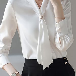 Solid Tie Decor Beaded V-neck Blouse, Elegant Long Sleeve Blouse For Spring & Fall, Women’s Clothing Blouses Shop Online at Dubai Trades