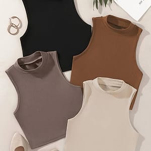 Solid Top 4 Pack, Casual Mock Neck Sleeveless Crop Top, Women’s Clothing Clothing Shop Online at Dubai Trades