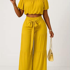 Solid Two-piece Pants Set, Off Shoulder Puff Sleeve Top & Shirred Waist Wide Leg Pants Outfits For Summer, Women’s Clothing Clothing Shop Online at Dubai Trades