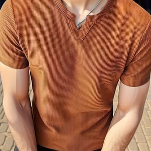 Solid Waffle Knit T-shirt With Crew Neck And Short Sleeve, Casual And Chic Tops For Men’s Summer Outdoors Activities Clothing Shop Online at Dubai Trades
