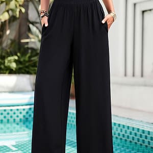Solid Wide Leg Pants, Casual High Waist Loose Ruched Dual Pockets Pants For , Women’s Clothing Clothing Shop Online at Dubai Trades