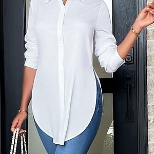 Split Button Front Shirt, Casual Long Sleeve Curved Hem Shirt, Women’s Clothing Blouses Shop Online at Dubai Trades