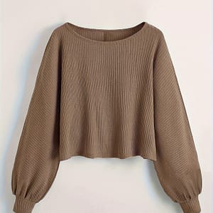 Spring New European And Casual Khaki Brown Loose Elastic Women’s Knitted Short Round Neck Long Sleeve T-shirt Clothing Shop Online at Dubai Trades