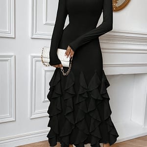 Square Neck Ruffle Trim Dress, Elegant Long Sleeve Slim Solid Color Dress For Spring & Fall, Women’s Clothing Clothing Shop Online at Dubai Trades