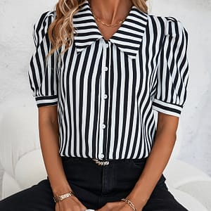 Stripe Print Button Front Blouse, Elegant Short Sleeve Blouse For , Women’s Clothing Blouses Shop Online at Dubai Trades