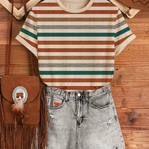 Stripe Print Crew Neck T-shirt, Casual Short Sleeve Top For , Women’s Clothing Clothing Shop Online at Dubai Trades 2