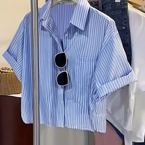 Striped Button Up Shirt, Casual Short Sleeve Crop Shirt For , Women’s Clothing Blouses Shop Online at Dubai Trades