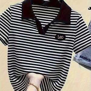 Striped Collared T-shirt, Casual Short Sleeve Top For , Women’s Clothing Clothing Shop Online at Dubai Trades