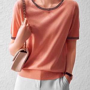 Striped Crew Neck Knit Top, Casual Short Sleeve Contrast Trim Top For , Women’s Clothing Clothing Shop Online at Dubai Trades