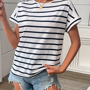 Striped Crew Neck T-shirt, Short Sleeve Casual Top For , Women’s Clothing Clothing Shop Online at Dubai Trades