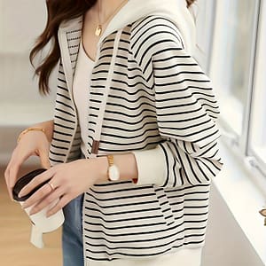 Striped Pattern Full Zip Jacket, Casual Long Sleeve Slant Pocket Hooded Jacket For Fall, Women’s Clothing Casual Jackets Shop Online at Dubai Trades