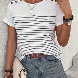 Striped Print Button Decor T-shirt, Elegant Crew Neck Short Sleeve Top For , Women’s Clothing Clothing Shop Online at Dubai Trades