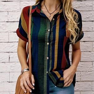 Striped Print Button Front Blouse, Vintage Short Sleeve Blouse For , Women’s Clothing Blouses Shop Online at Dubai Trades