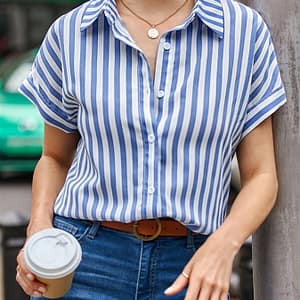 Striped Print Button Front Shirt, Casual Short Sleeve Shirt For , Women’s Clothing Blouses Shop Online at Dubai Trades