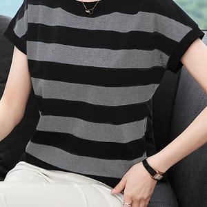 Striped Print Crew Neck T-shirt, Casual Cap Sleeve T-shirt For , Women’s Clothing Clothing Shop Online at Dubai Trades