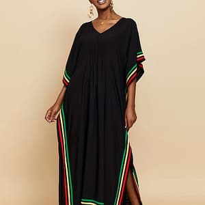 Striped Print V Neck Batwing Sleeve Cover Up Dress, Side Split Loose Fit Black Elegant Beach Kaftan, Women’s Swimwear & Clothing For Holiday Clothing Shop Online at Dubai Trades