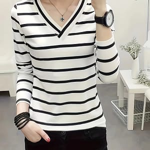 Striped V Neck T-shirt, Casual Long Sleeve T-shirt For Spring & Fall, Women’s Clothing Clothing Shop Online at Dubai Trades