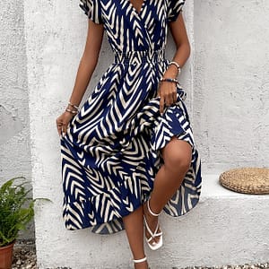 Striped V-neck Dress, Ruffle Sleeve A-line Dress For , Women’s Clothing Clothing Shop Online at Dubai Trades