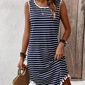Stripes Print Crew Neck Dress, Elegant Sleeveless Tassel Hem Dress For , Women’s Clothing Clothing Shop Online at Dubai Trades