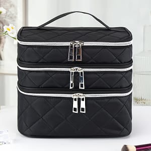 Stylish And Lightweight Large-capacity Black Grid Diamond Grid Cosmetic Bag With 3 , Double And Storage Bag, Portable Handbag Suitable For Home And Travel Use Bags & Cases Shop Online at Dubai Trades